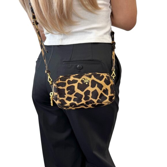PRADA Vintage Logo Pony Hair Giraffe Crossbody Mini Bag Camel Brown [105915] - Picture 1 of 13